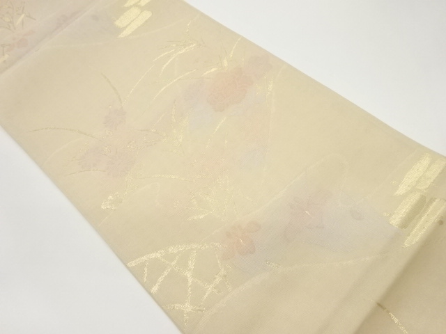 曲線・秋草模様織出し夏用袋帯